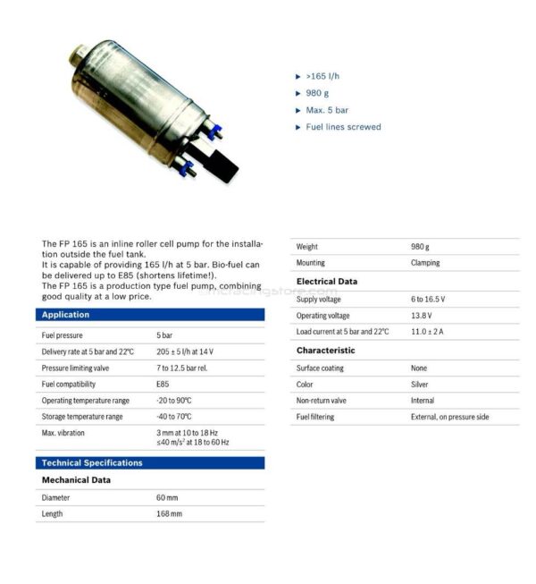 Pompa carburante - Bosch 165 l/h - 5 bar